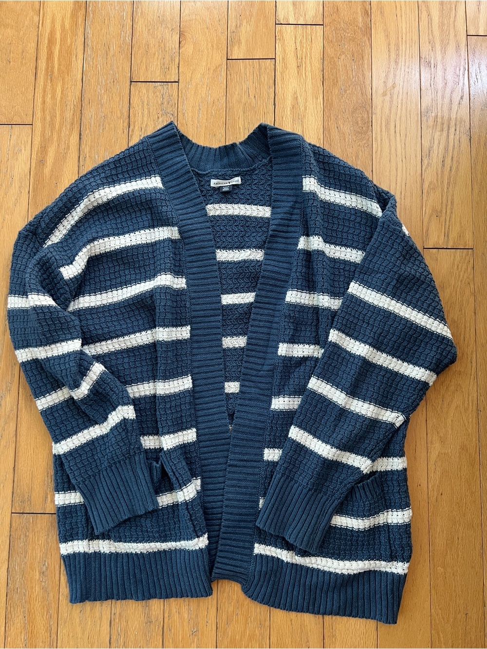 American Eagle Outfitters Navy and White Striped Waffle Knit Open Cardigan